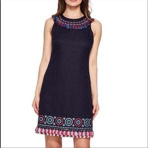 Kate Spade Navy Linen Tassel Bead Embroidered Shift Dress Womens 12 NJMU8581